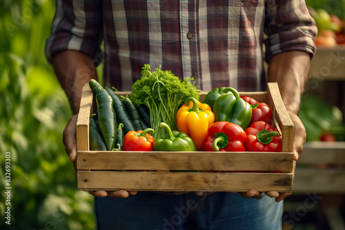 Man holding wooden box with fresh vegetables