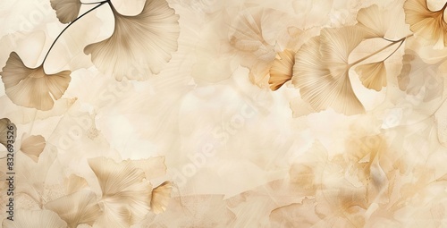 Abstract luxury art background with ginkgo leaves in blue, beige and gold tones. Botanical watercolor banner for wallpaper. AI generated illustration