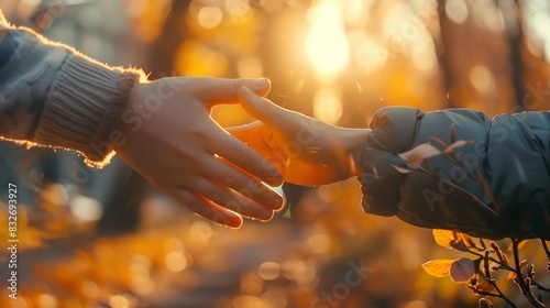 Two hands reach out to each other in a forest setting, with autumn leaves on the ground. The sun shines brightly in the background. photo
