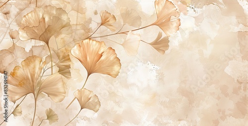 Abstract luxury art background with ginkgo leaves in blue, beige and gold tones. Botanical watercolor banner for wallpaper. AI generated illustration