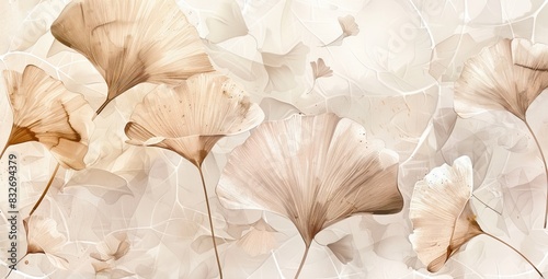 Abstract luxury art background with ginkgo leaves in blue, beige and gold tones. Botanical watercolor banner for wallpaper. AI generated illustration