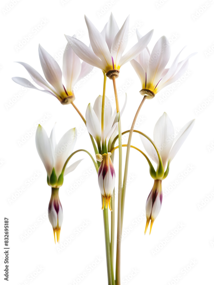 Fototapeta premium Dodecatheon only arching leaves white background. AI GENERTAED