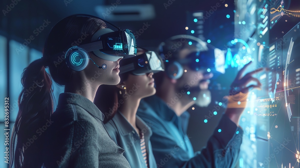 Illustrate a dynamic CG 3D image of a financial advisor guiding a young couple through an immersive virtual reality experience of their financial goals Emphasize futuristic technol Illustrate a dynamic CG 3D image of a financial advisor guiding a young couple through an immersive virtual reality experience of their financial goals Emphasize futuristic technol