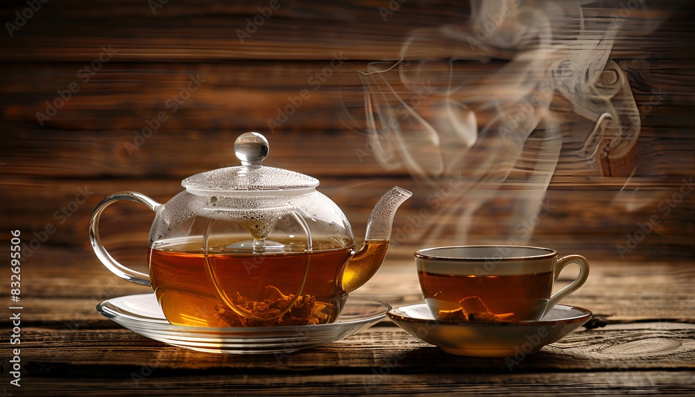 Hot tea in glass teapot and cup with steam on wood background
