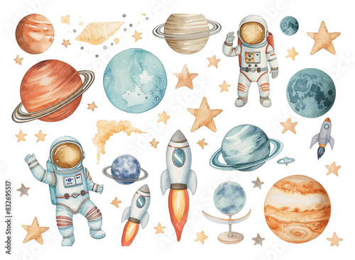 Planets astronaut set watercolor vector space theme element
