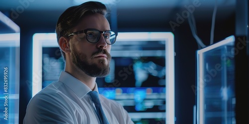 Professional man in server room with blue lighting and monitors.