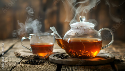 Hot tea in glass teapot and cup with steam on wood background © Oleksiy