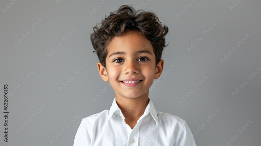 Smiling Boy in White T-shirt on Gray Background Smiling Boy in White T-shirt on Gray Background