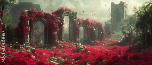 a verdant red wasteland, where overgrown ruins hint at a lost civilization beneath the tangled foliage photo