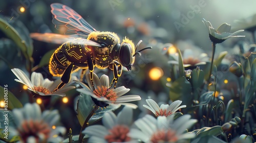 A bee with glowing circuits on its body, pollinating a robotic flower in a futuristic garden, close up shot, focus on main subject, with HUD hologram, hitech style, with copy space