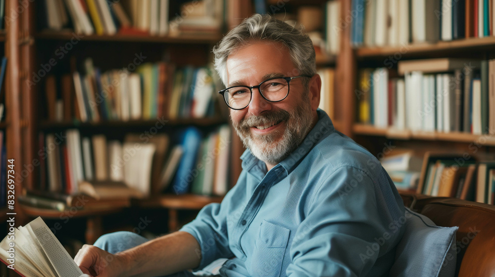 middle-aged man with glasses and a blue shirt, relaxing with a book in a cozy home library middle-aged man with glasses and a blue shirt, relaxing with a book in a cozy home library