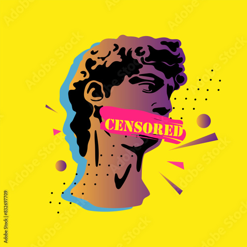 Abstract greek ancient sculpture of head with inscription censored. Vector hand drawn illustrations of modern statues, banner, concept freedom of speech.	
