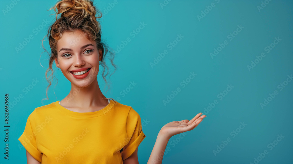 Cheerful girl in yellow, presenting an empty space in her hand with a blue color background Cheerful girl in yellow, presenting an empty space in her hand with a blue color background