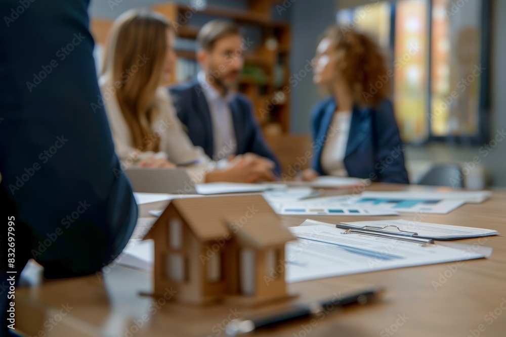 A couple is sitting at a table in an office, talking to their real estate agent who has documents and a pen on her desk while she looks over them with confidence A couple is sitting at a table in an office, talking to their real estate agent who has documents and a pen on her desk while she looks over them with confidence