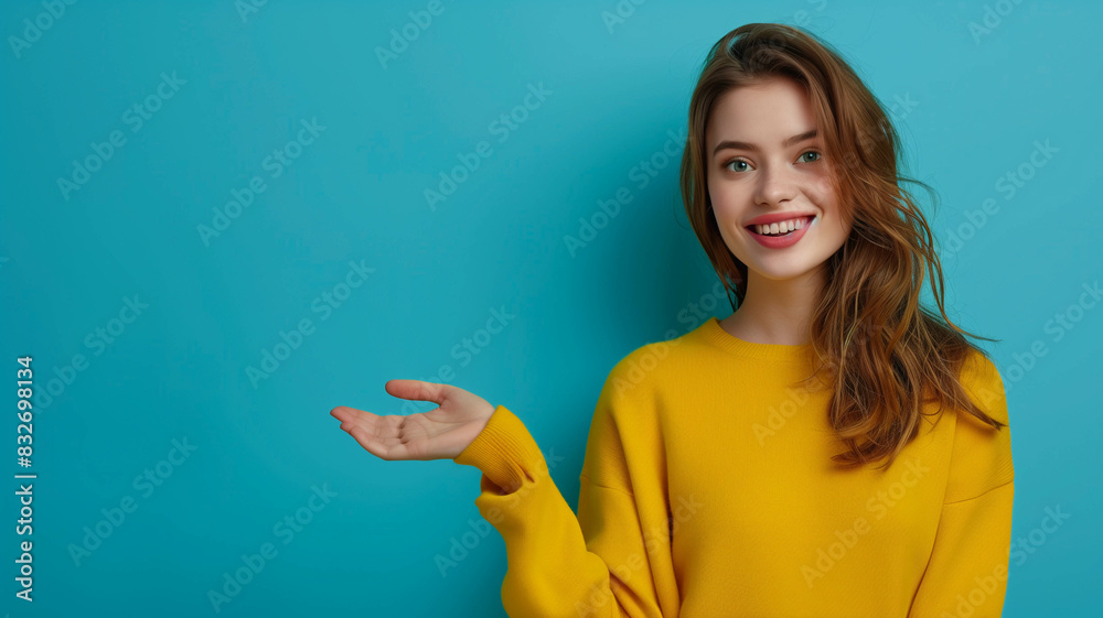 Cheerful girl in yellow, presenting an empty space in her hand with a blue color background Cheerful girl in yellow, presenting an empty space in her hand with a blue color background