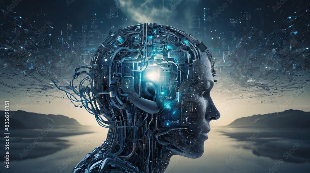 Obraz premium A human mind represented as a digital landscape, interconnected with cybernetic elements, depicting the fusion of biological and technological intelligence.