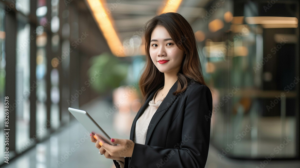 Fototapeta premium confident young Asian businesswoman holding a tablet, standing in a sleek and modern office space