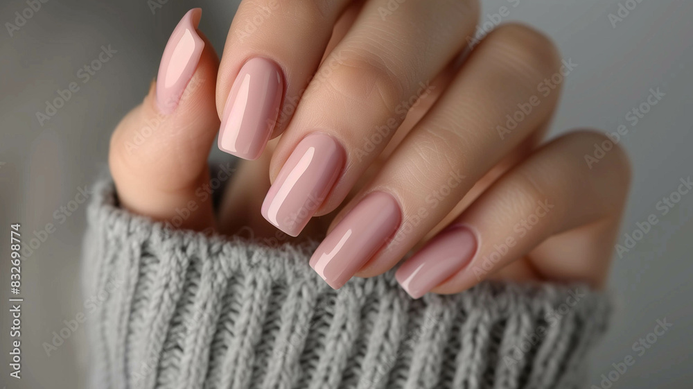 Elegant closeup of woman’s hands with neutral colors manicure, highlighting pale pink gel polish on long square nails Elegant closeup of woman’s hands with neutral colors manicure, highlighting pale pink gel polish on long square nails