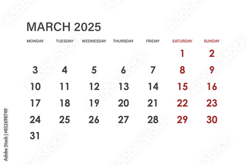 Calendar for March 2025. The week starts on Monday.