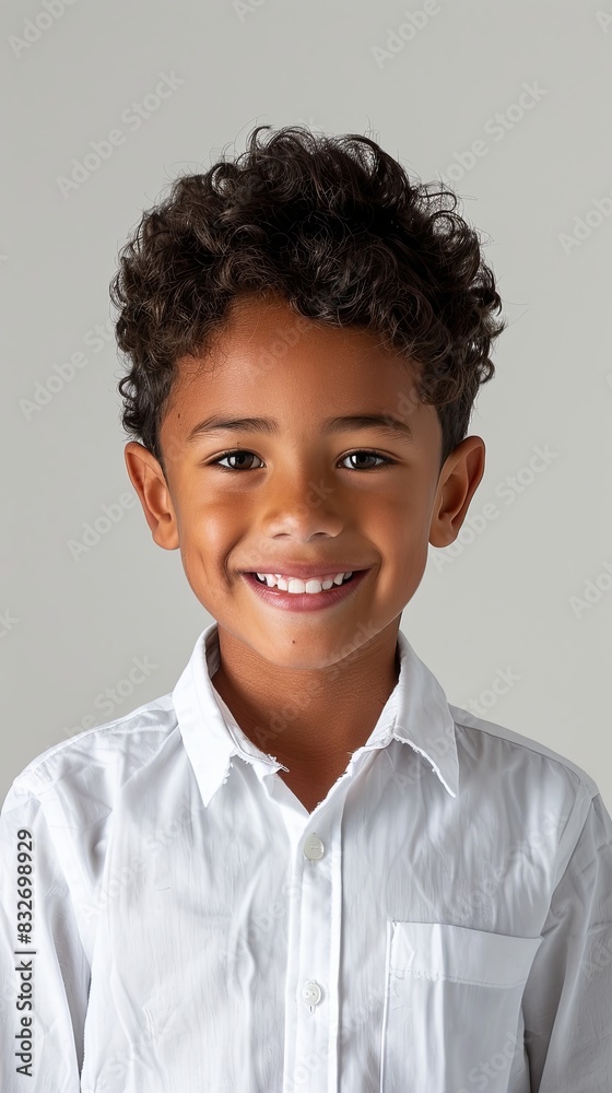 Smiling Boy in White T-shirt on Gray Background Smiling Boy in White T-shirt on Gray Background