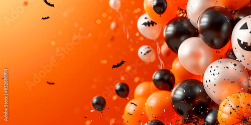 Halloween-themed balloons and confetti flying against an orange background. Great for party invitations, event promotions, or festive social media graphics. Generated AI