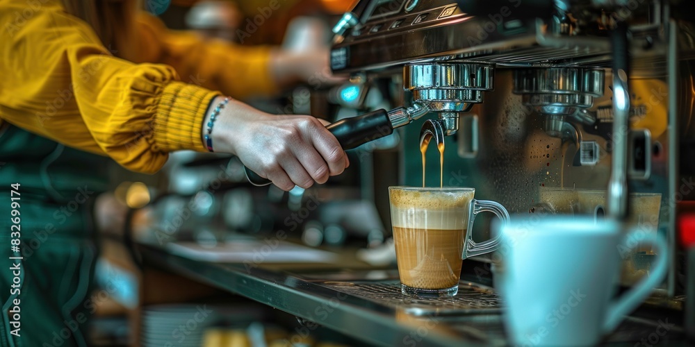 Barista filling a cup with coffee from an espresso machine
