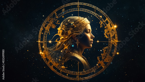 Zodiac sign Virgo golden on a dark background fantasy celestial