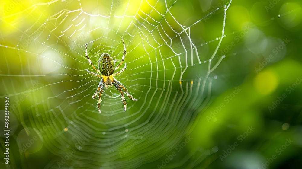 A close-up shot of a spider on its intricate web with a vibrant green background, showcasing nature's delicate craftsmanship in the morning sunlight. A close-up shot of a spider on its intricate web with a vibrant green background, showcasing nature's delicate craftsmanship in the morning sunlight.