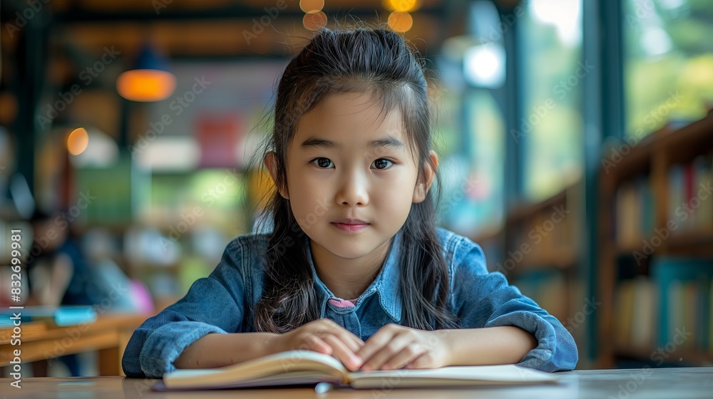 Young girl studying in a library, symbolizing education and concentration. Ideal for educational and academic themes. Generated AI Young girl studying in a library, symbolizing education and concentration. Ideal for educational and academic themes. Generated AI
