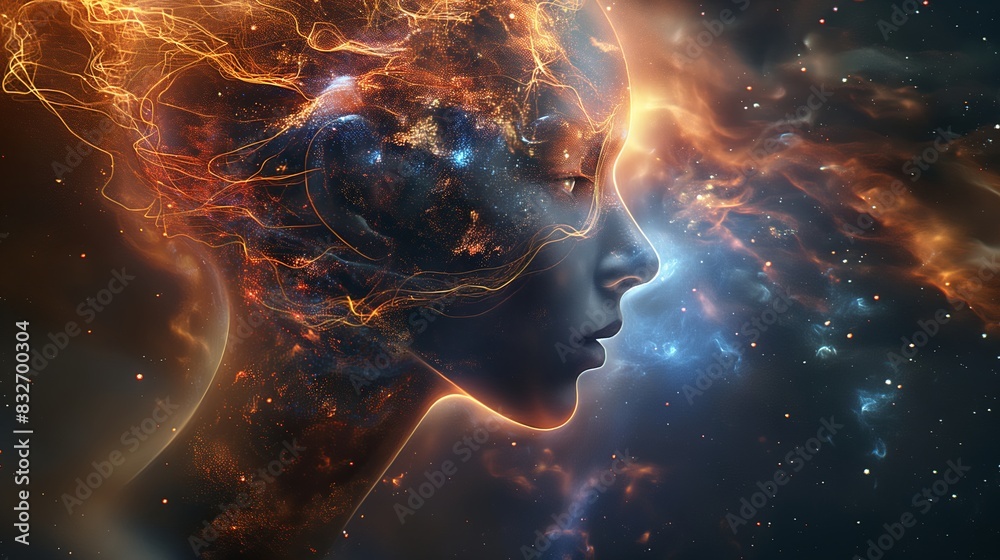 Profile of a human face merged with cosmic elements and vibrant nebulae. Suitable for futuristic and sci-fi concepts. Generated AI Profile of a human face merged with cosmic elements and vibrant nebulae. Suitable for futuristic and sci-fi concepts. Generated AI