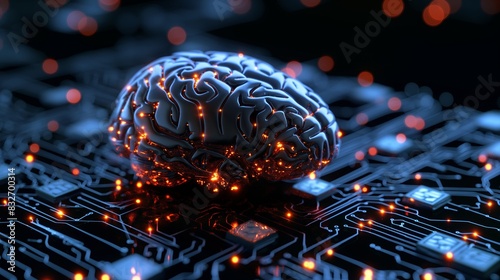 Digital brain on a circuit board representing artificial intelligence. Ideal for tech and innovation themes. Generated AI