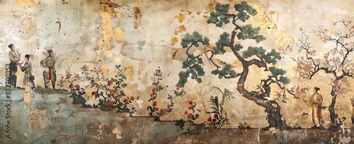 blossom tree With sparrow, finches, butterflies, dragonflies. Seamless pattern, background. Chinoiserie, traditional oriental botanical motif. AI generated illustration