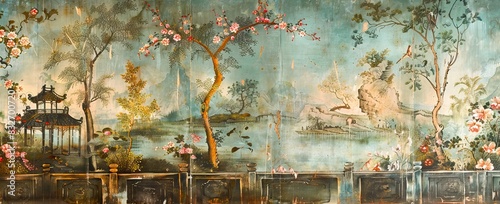 blossom tree With sparrow, finches, butterflies, dragonflies. Seamless pattern, background. Chinoiserie, traditional oriental botanical motif. AI generated illustration