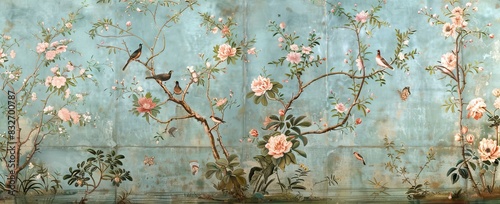 blossom tree With sparrow, finches, butterflies, dragonflies. Seamless pattern, background. Chinoiserie, traditional oriental botanical motif. AI generated illustration