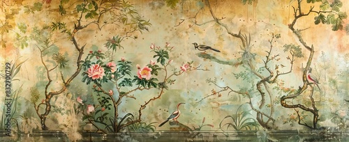 blossom tree With sparrow, finches, butterflies, dragonflies. Seamless pattern, background. Chinoiserie, traditional oriental botanical motif. AI generated illustration