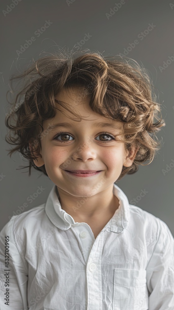 Smiling Boy in White T-shirt on Gray Background Smiling Boy in White T-shirt on Gray Background