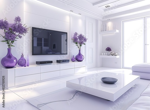 Modern white living room interior with a flat screen television on a cabinet and a home cinema system