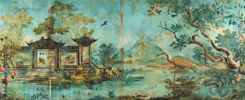 blossom tree With sparrow, finches, butterflies, dragonflies. Seamless pattern, background. Chinoiserie, traditional oriental botanical motif. AI generated illustration