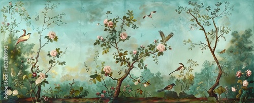 blossom tree With sparrow, finches, butterflies, dragonflies. Seamless pattern, background. Chinoiserie, traditional oriental botanical motif. AI generated illustration