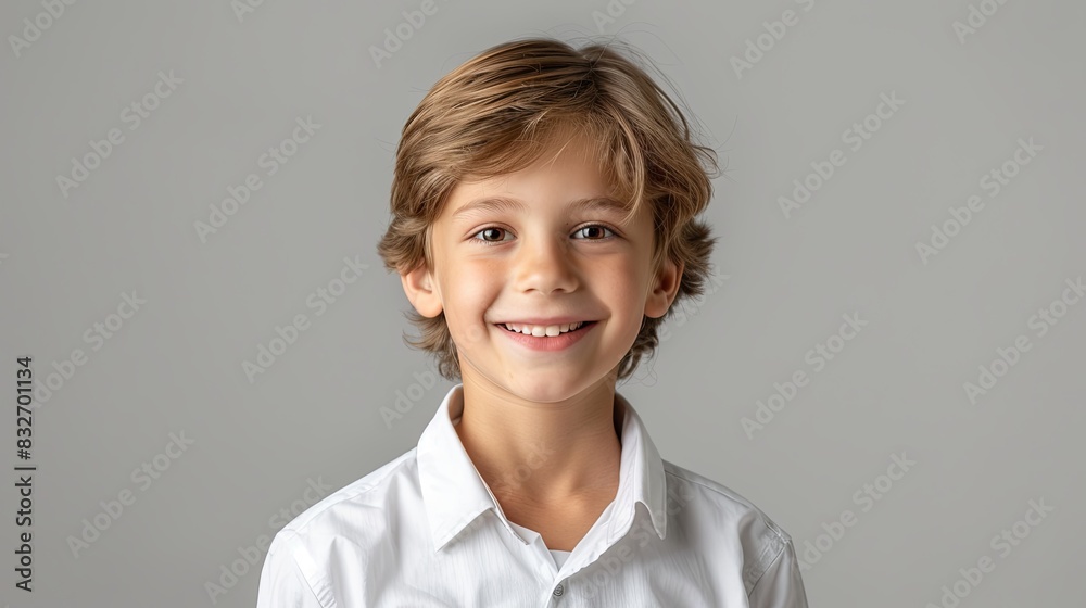 Smiling Boy in White T-shirt on Gray Background Smiling Boy in White T-shirt on Gray Background