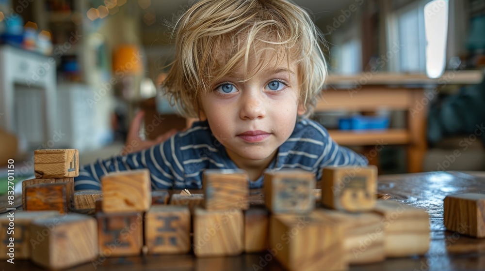 Curious boy with wooden blocks on table Curious boy with wooden blocks on table
