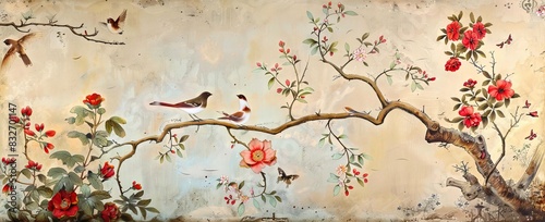 blossom tree With sparrow, finches, butterflies, dragonflies. Seamless pattern, background. Chinoiserie, traditional oriental botanical motif. AI generated illustration