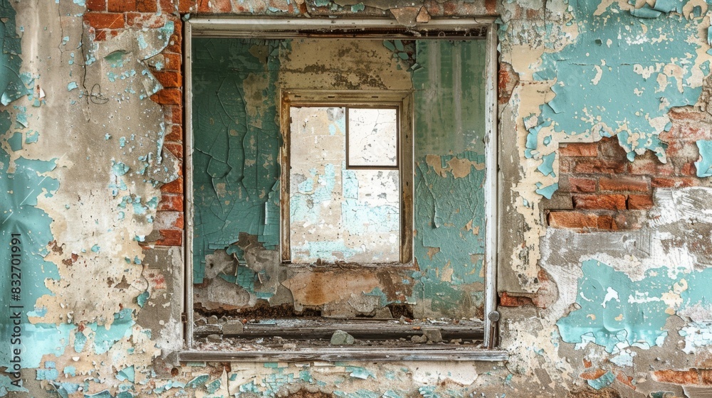 Naklejka premium A decaying interior wall with cracked paint and exposed brick, featuring windows offering views of further deterioration in an abandoned building.