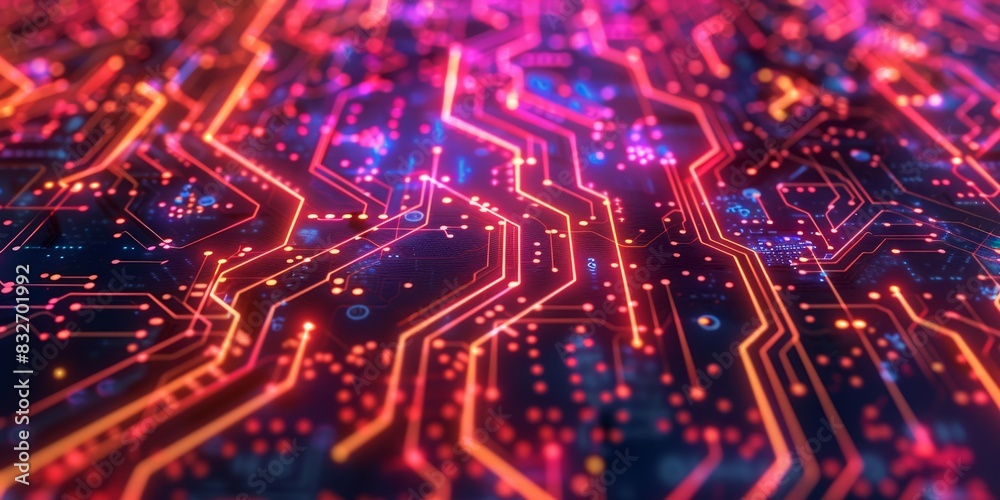 Futuristic digital circuit board with vibrant neon lights, representing advanced technology and electronic innovation in high-resolution imagery. Futuristic digital circuit board with vibrant neon lights, representing advanced technology and electronic innovation in high-resolution imagery.