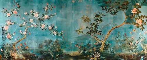 blossom tree With sparrow, finches, butterflies, dragonflies. Seamless pattern, background. Chinoiserie, traditional oriental botanical motif. AI generated illustration