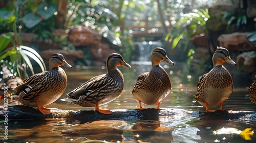  A group of ducks gathered on the shore of a tranquil pond, their vibrant plumage standing out against the lush greenery, as they preen and bask in the warmth of the 