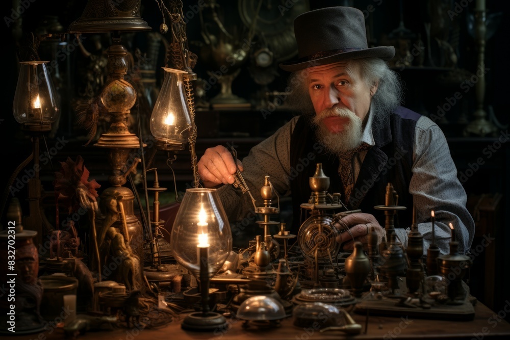 A brilliant and eccentric inventor, crafting ingenious devices and contraptions. - Generative AI A brilliant and eccentric inventor, crafting ingenious devices and contraptions. - Generative AI