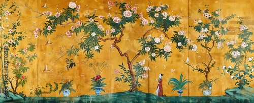 blossom tree With sparrow, finches, butterflies, dragonflies. Seamless pattern, background. Chinoiserie, traditional oriental botanical motif. AI generated illustration