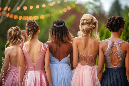 Young female teen girls go to high school prom photo