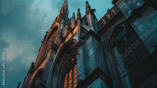 The image is of a Gothic cathedral with a tall spire and stained glass windows. It is dusk outside, and the sky is a deep blue.